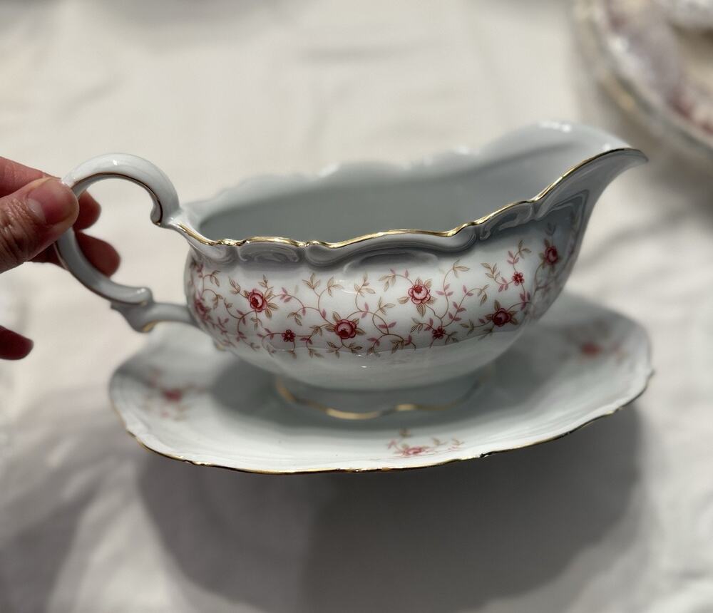 Mitterteich Porcelain Gravy Boat Set Floral Gold Trim Germany 1965 9” X 3.5” H